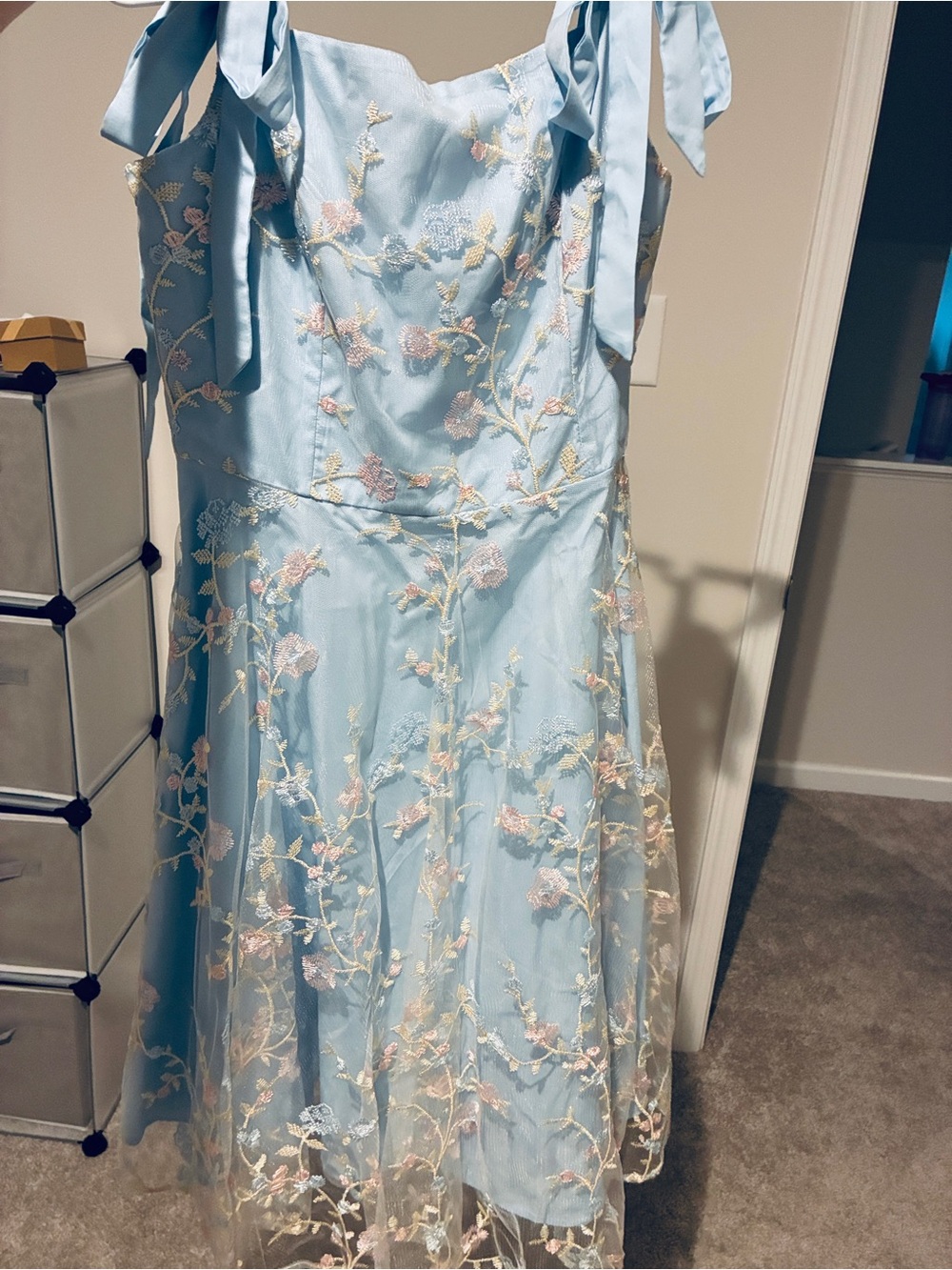 Women’s Light Blue Floral Embroidered Dress with Tie Straps